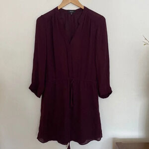 BABATON Aritzia M 100% silk dress burgundy long sleeve tie at waist v neck EUC
